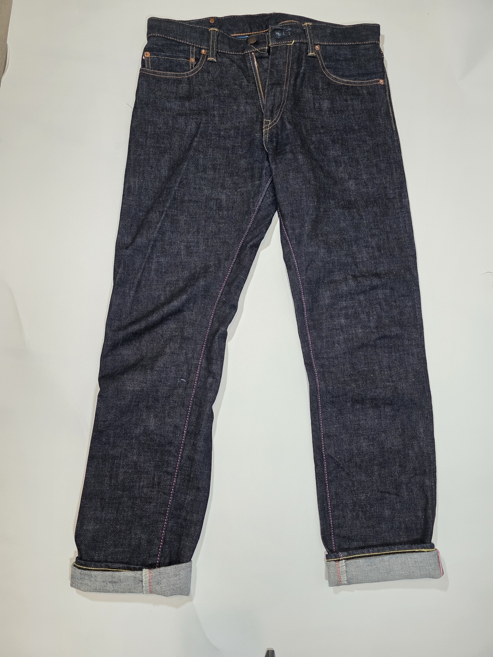 Momotaro Dark Indigo Jeans with Pink Selvedge Stitch